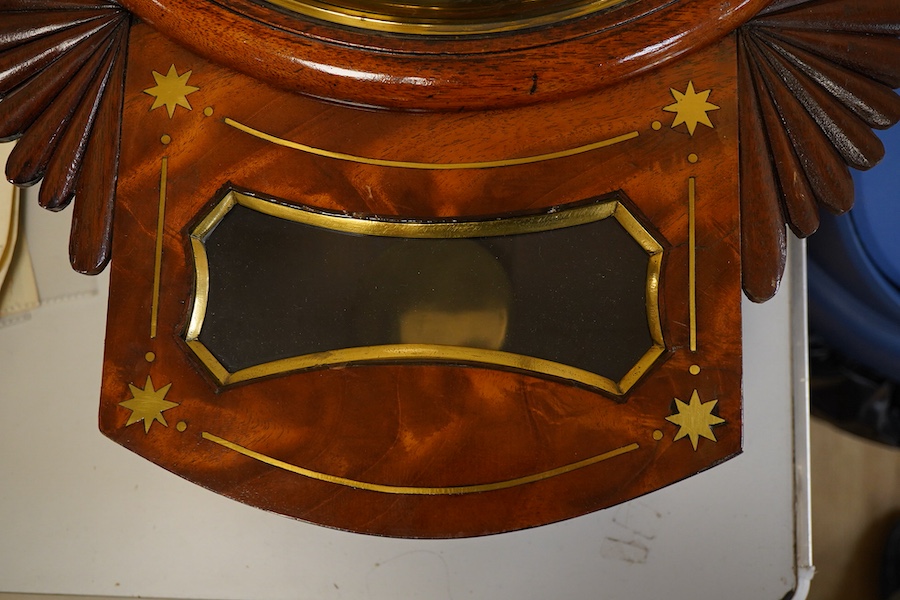 A 19th century mahogany drop dial fusee wall timepiece, with brass inlay and a painted 12 inch dial